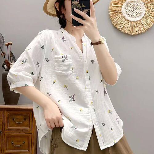 纯棉碎花衬衫女夏季新款时尚减龄大码中袖衬衣文艺休闲亚麻上衣女