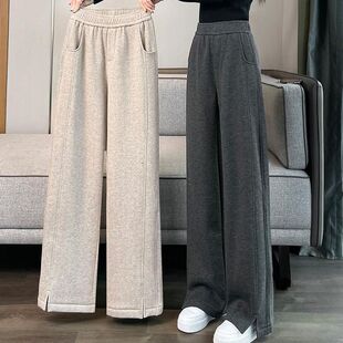 加绒加厚休闲阔腿裤女秋冬新款女士高腰显瘦开叉窄版直筒毛呢裤子