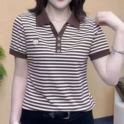 条纹短袖T恤女夏装新款宽松时尚妈妈打底衫百搭显瘦减龄翻领上衣