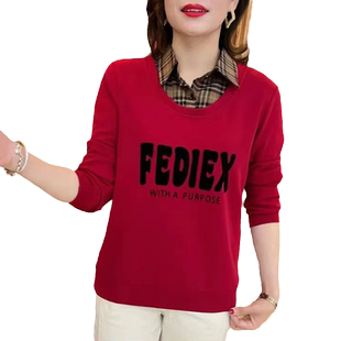 加绒加厚卫衣女秋冬装翻领长袖T恤中年妈妈装假两件内搭保暖上衣