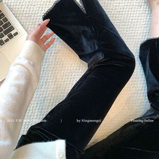 黑色花边开叉丝绒微喇裤女2025秋季新款高级感气质显瘦裤直筒裤子