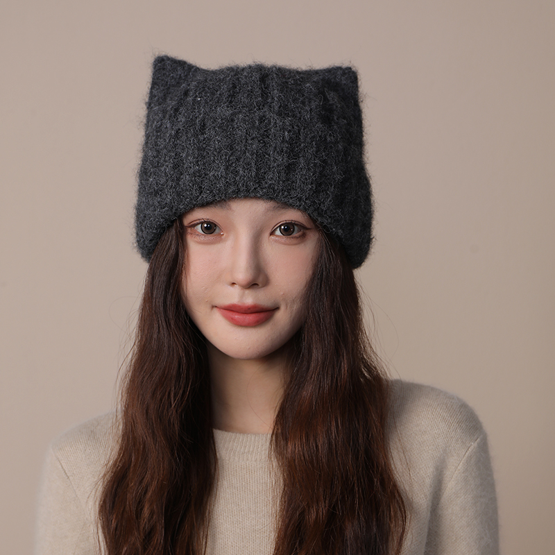 猫耳朵可爱毛线帽女秋冬季加厚包头护耳帽大头围百搭毛绒针织帽子