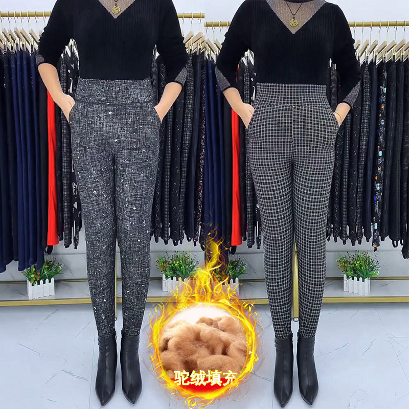 加绒加厚驼绒棉裤女冬季格子高腰弹力外穿中年妈妈百搭踩脚打底裤