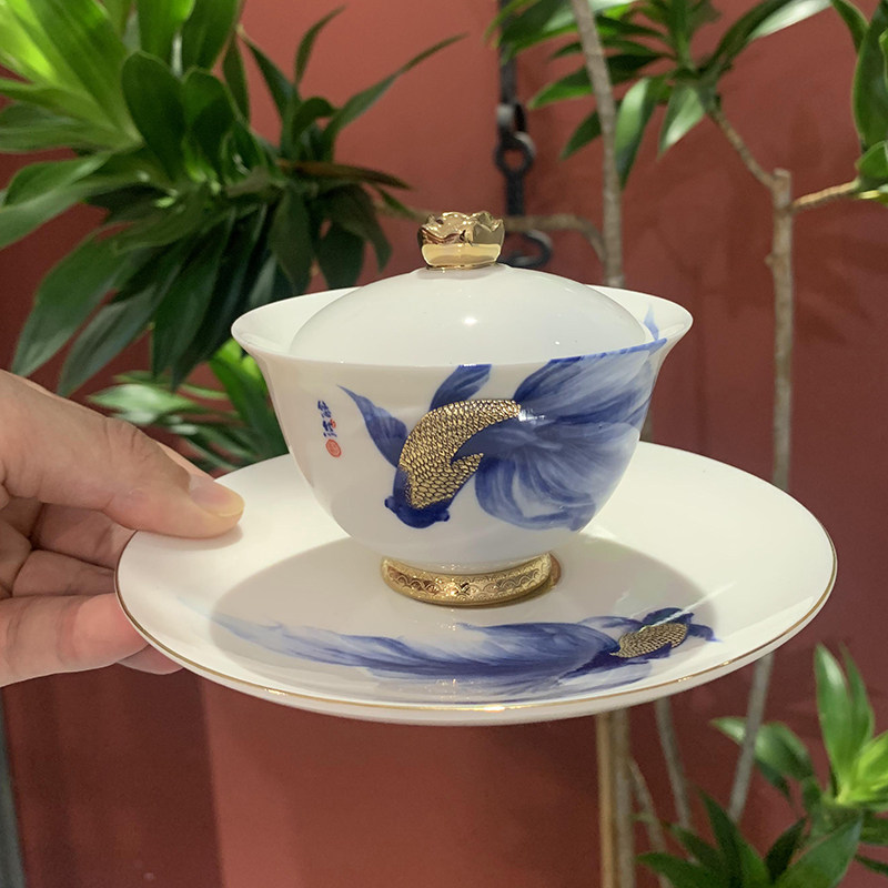 瓷语颠 渡景山房陶瓷功夫茶具三才盖碗单个泡茶杯家用办公室