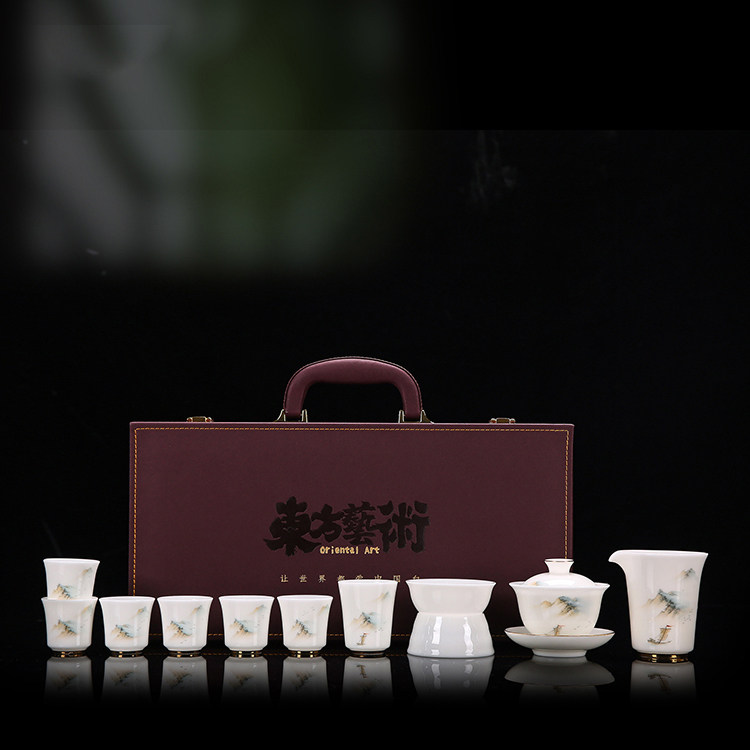 瓷语颠 冰种玉瓷陶瓷功夫茶具手绘山水茶杯公道杯盖碗办公室