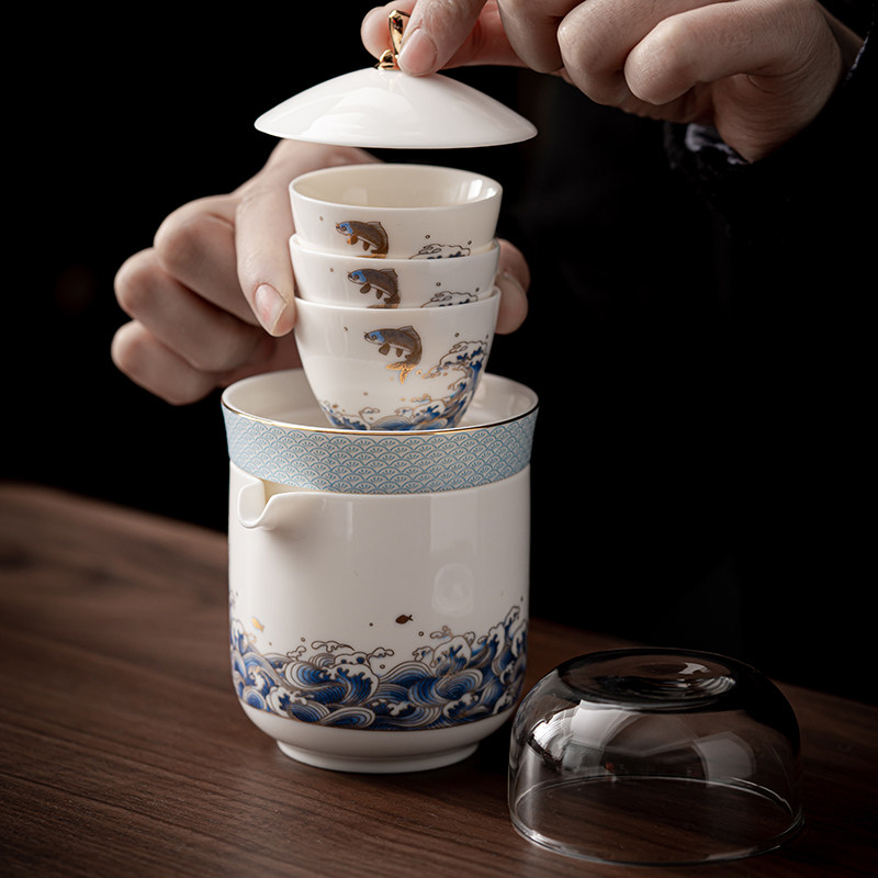 瓷语颠 德化陶瓷白瓷便携式快客杯旅行茶具一壶二杯整套