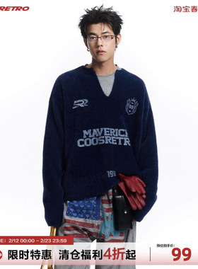 CoosRetro美式复古仿貂毛印花v领毛衣春秋潮流宽松针织衫外套男女