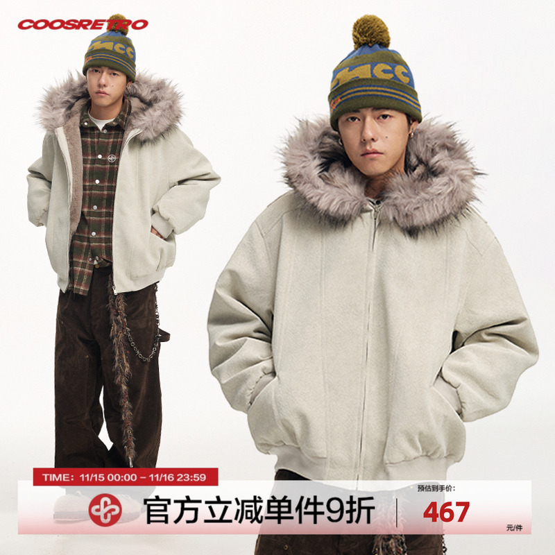 CoosRetro 冬季连帽男加绒内里保暖皮衣毛领开衫潮牌休闲棉衣外套
