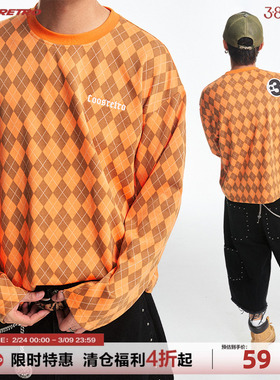 CoosRetro 《三星》英伦复古风男菱形格纹贴补绣休闲运动长袖T恤