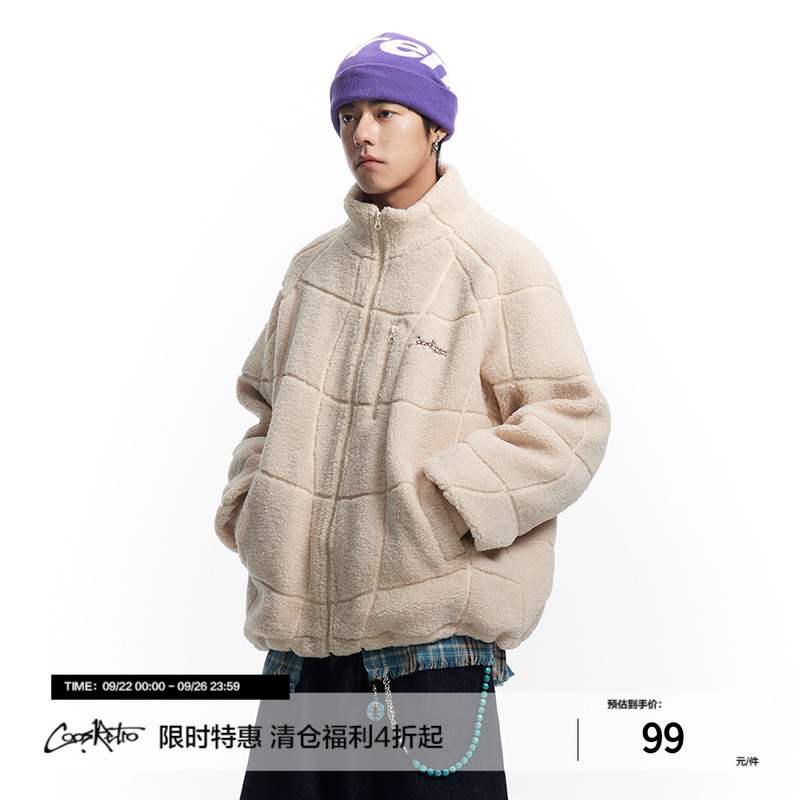 CoosRetro美式复古潮牌logo刺绣立领绗线羊羔绒外套冬季保暖棉服