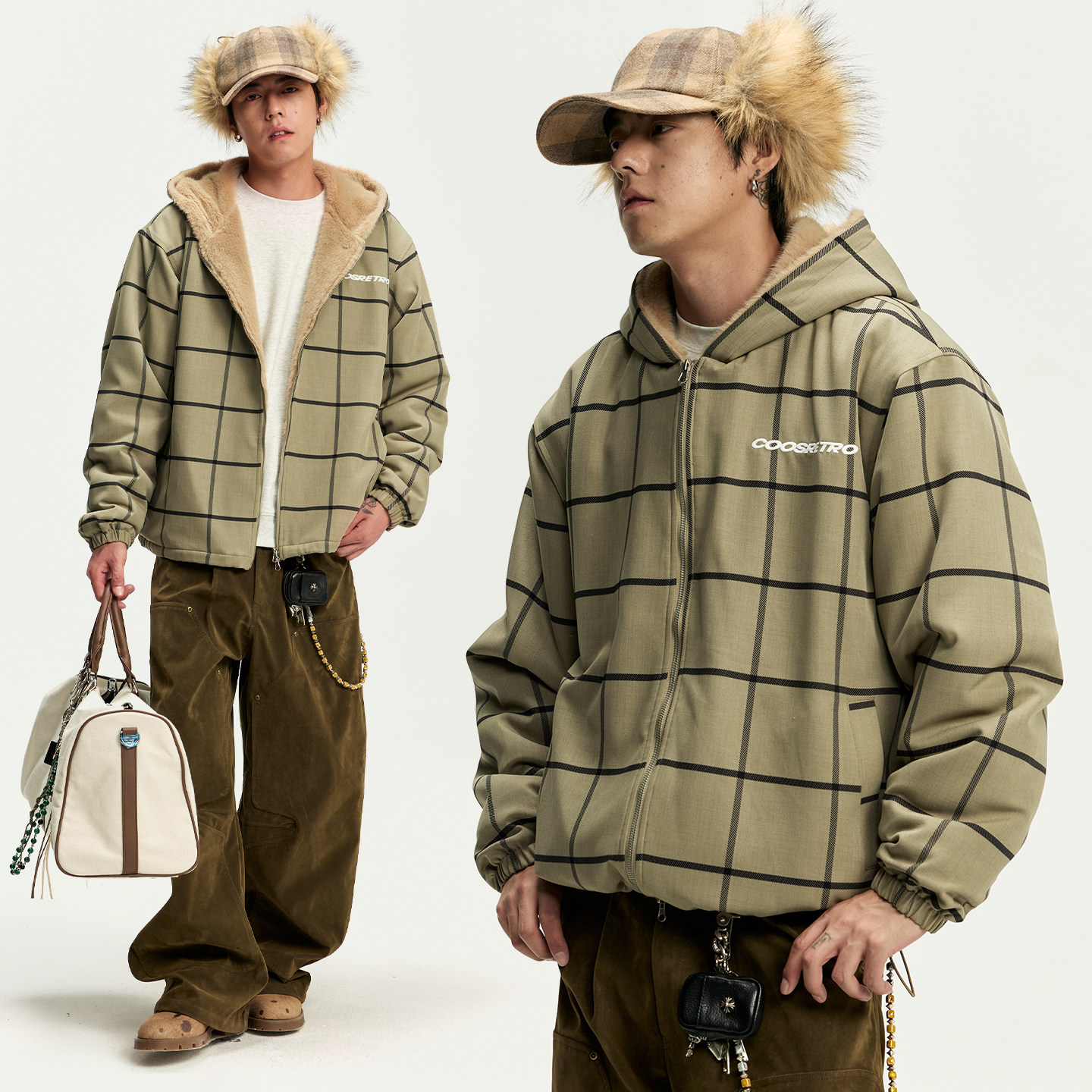 CoosRetro 美式复古潮流男士格纹连帽加绒夹克logo刺绣工装厚外套