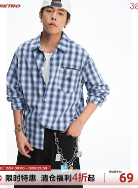 CoosRetro美式复古春季男休闲百搭宽松衬衣logo刺绣格子长袖衬衫