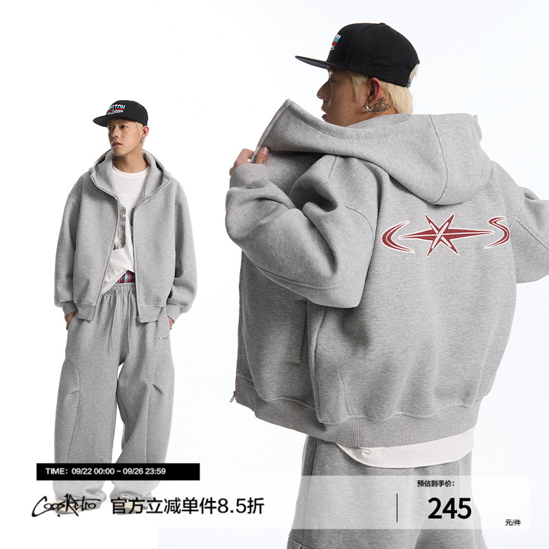CoosRetro美式复古刺绣开衫连帽卫衣春季情侣休闲百搭宽松外套潮