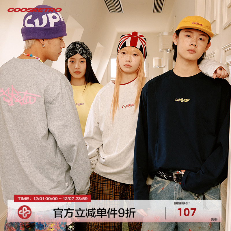 CoosRetro美式复古logo刺绣结构长袖T恤男女春季情侣休闲潮牌外套