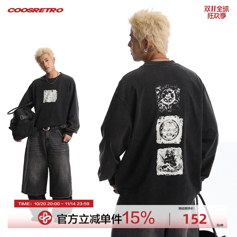 CoosRetro美式复古图案丝网印花水洗长袖T恤春季情侣纯色潮流上衣