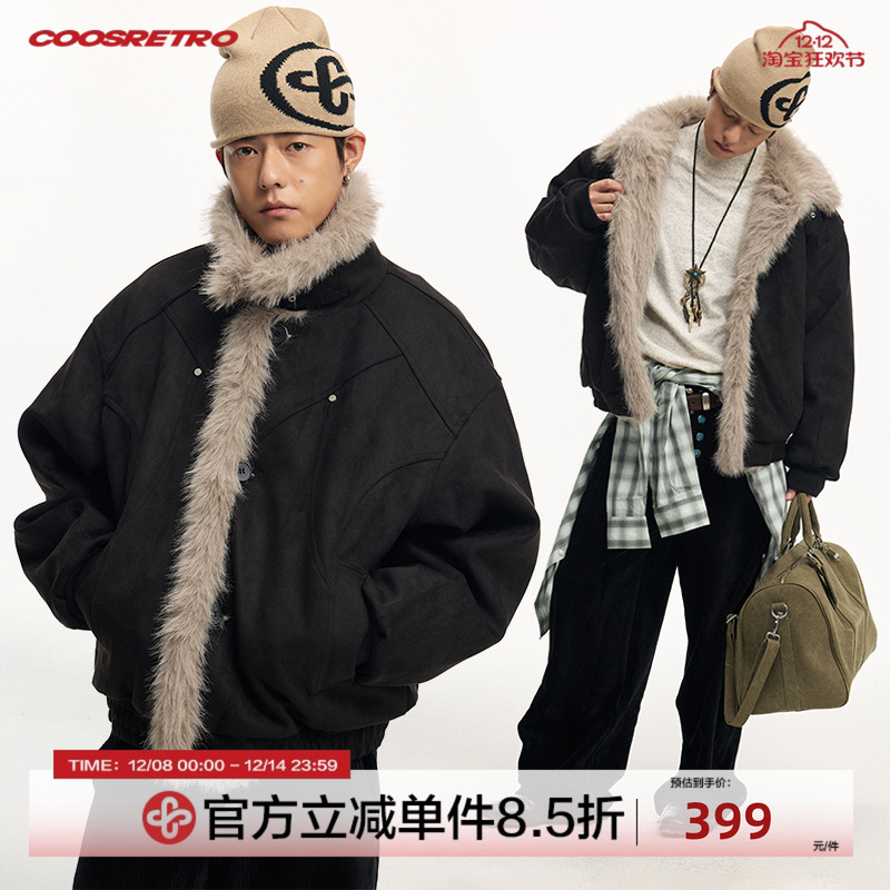 CoosRetro 美式复古冬季男仿麂皮棉服座山雕毛领拼接结构铆钉外套