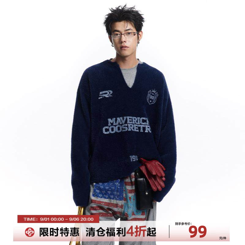 CoosRetro美式复古仿貂毛印花v领毛衣春秋潮流宽松针织衫外套男女图片