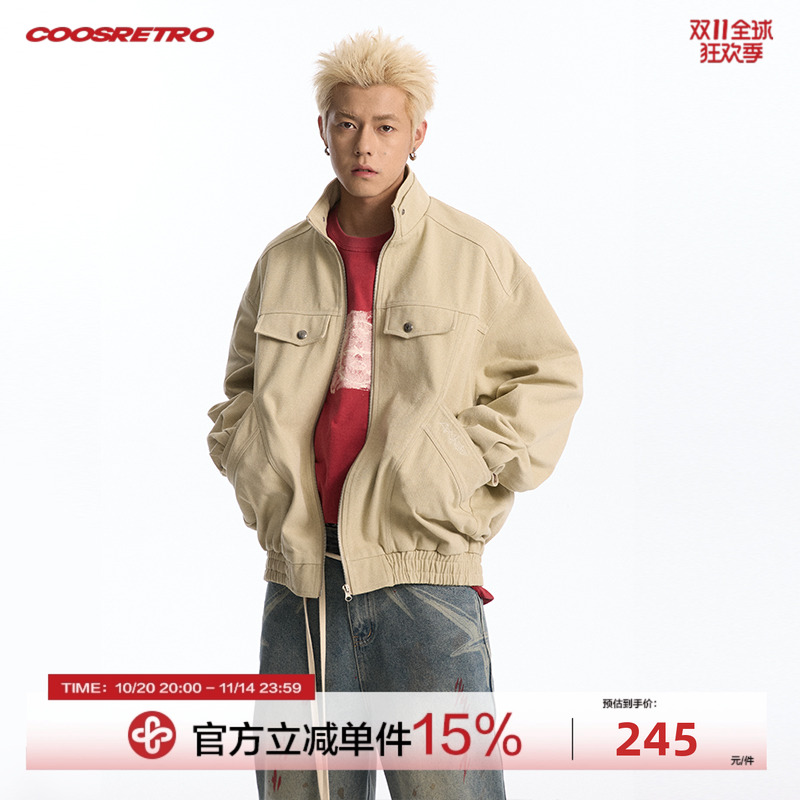 CoosRetro美式复古logo刺绣立领座山雕外套春季情侣休闲百搭夹克