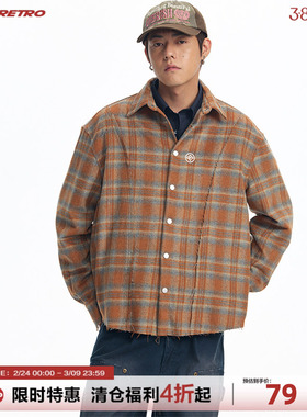 CoosRetro 美式春季潮流男士格子结构毛边破坏logo刺绣衬衫