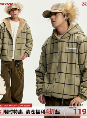 CoosRetro 美式复古潮流男士格纹连帽加绒夹克logo刺绣工装厚外套