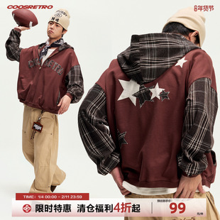 CoosRetro 秋季新款复古格子拼接前后贴补绣logo水洗开衫卫衣外套