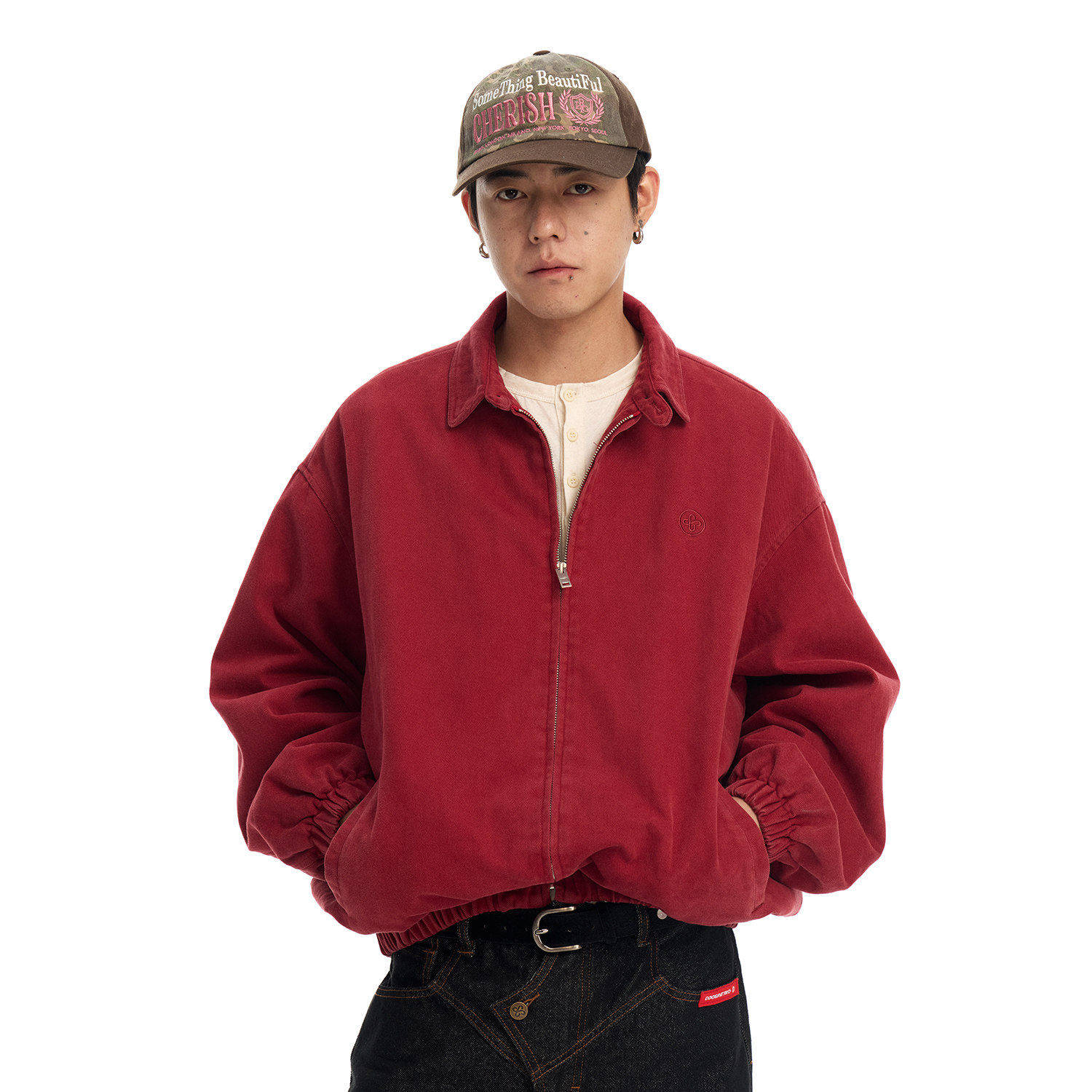 CoosRetro 秋新款复古风红色经典工装夹克男宽松外套水洗做旧上衣