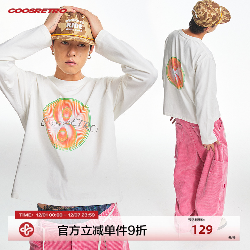 CoosRetro《音浪太极》水洗做旧太极幻彩logo印花T恤长袖纯棉上衣