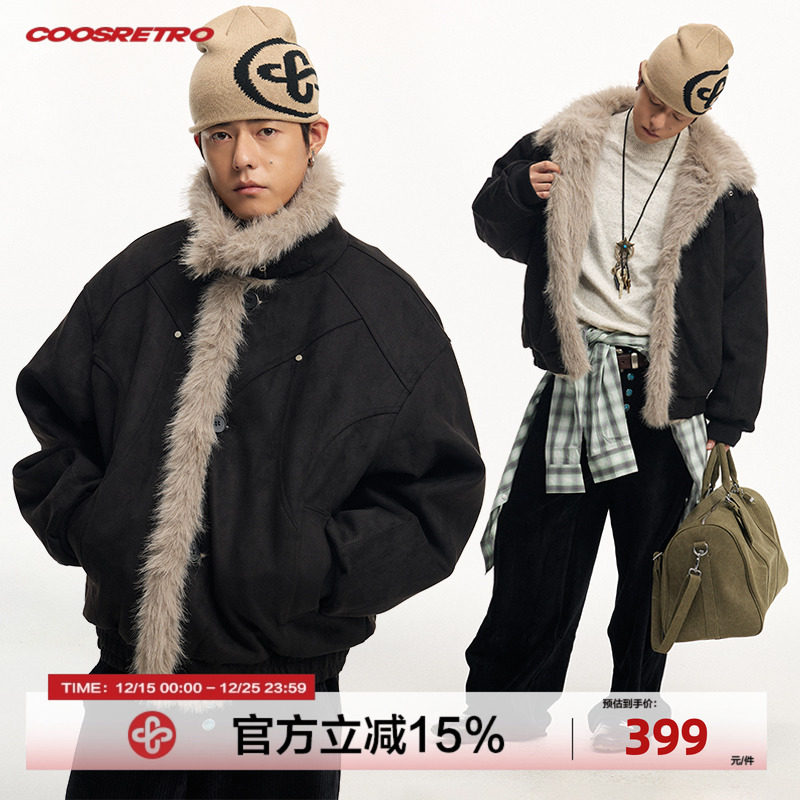 CoosRetro 美式复古冬季男仿麂皮棉服座山雕毛领拼接结构铆钉外套