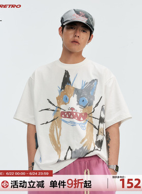 CoosRetro美式街头猫咪涂鸦印花短袖T恤男生情侣宽松百搭白色上衣
