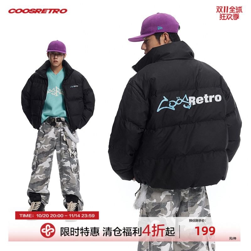 CoosRetro美式复古印花90白鸭绒皮衣羽绒服男女冬季立领面包服潮