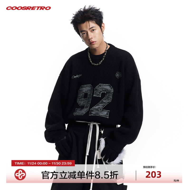 CoosRetro美式复古圆领套头针织衫数字胶印毛衣春秋男女宽松外套
