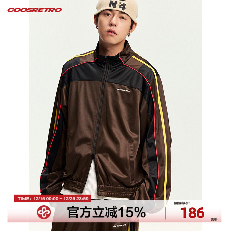 CoosRetro 美式潮牌男士秋季金光绒结构织带拼接logo刺绣夹克外套