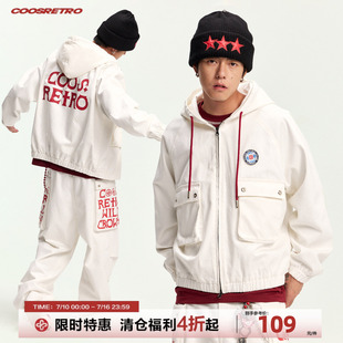 CoosRetro 美式潮牌男士春季白色牛仔立体大口袋后背印花夹克外套