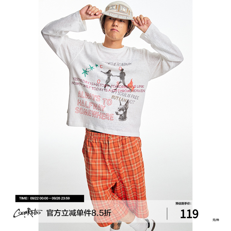 CoosRetro《旅途絮语》美式宽松透气男士烫钻印花长袖T恤上衣罩衫