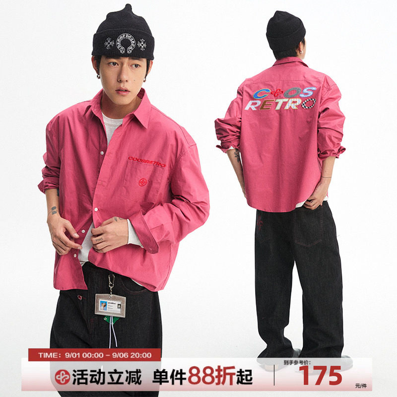 CoosRetro美式复古工装早秋衬衫外套男拼接绣花设计长袖上衣外套图片