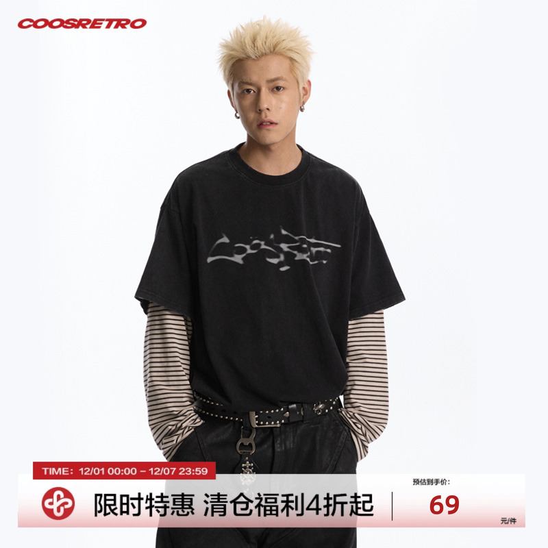 CoosRetro美式复古logo幻影印花水洗假两件长袖T男春季休闲潮卫衣