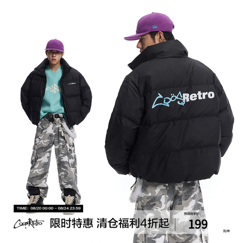 CoosRetro美式复古印花90白鸭绒皮衣羽绒服男女冬季立领面包服潮