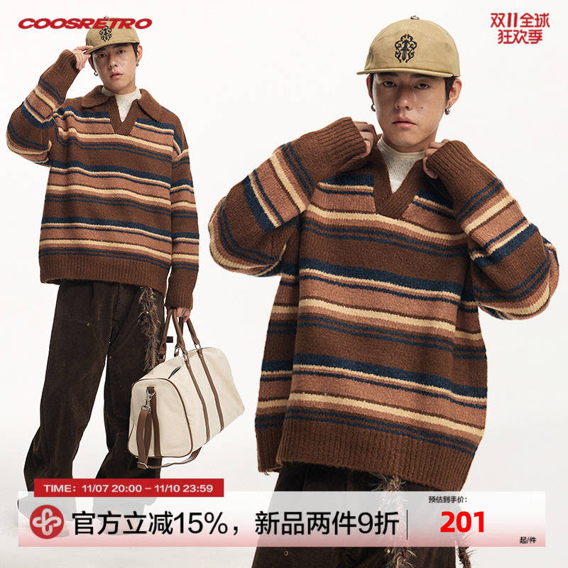 CoosRetro 秋冬季新款男士polo领条纹复古套头休闲宽松慵懒感毛衣