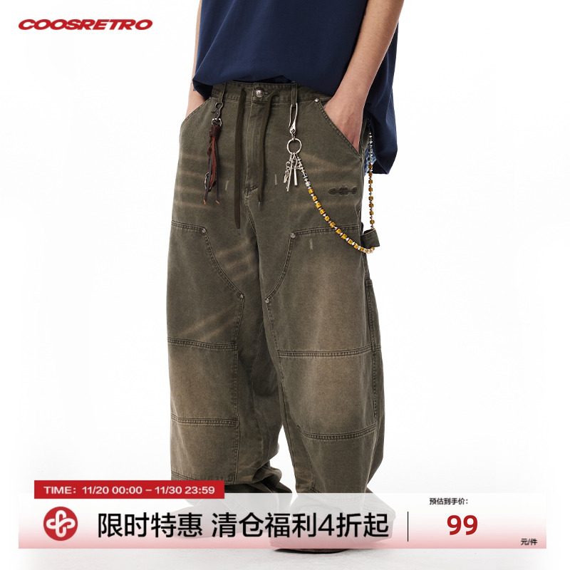 CoosRetro美式复古多色绣花水洗做旧伐木裤夏季男女潮休闲舒适裤