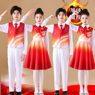 儿童元旦大合唱演出服中小学生冬季加绒长袖诗歌朗诵红歌表演服新