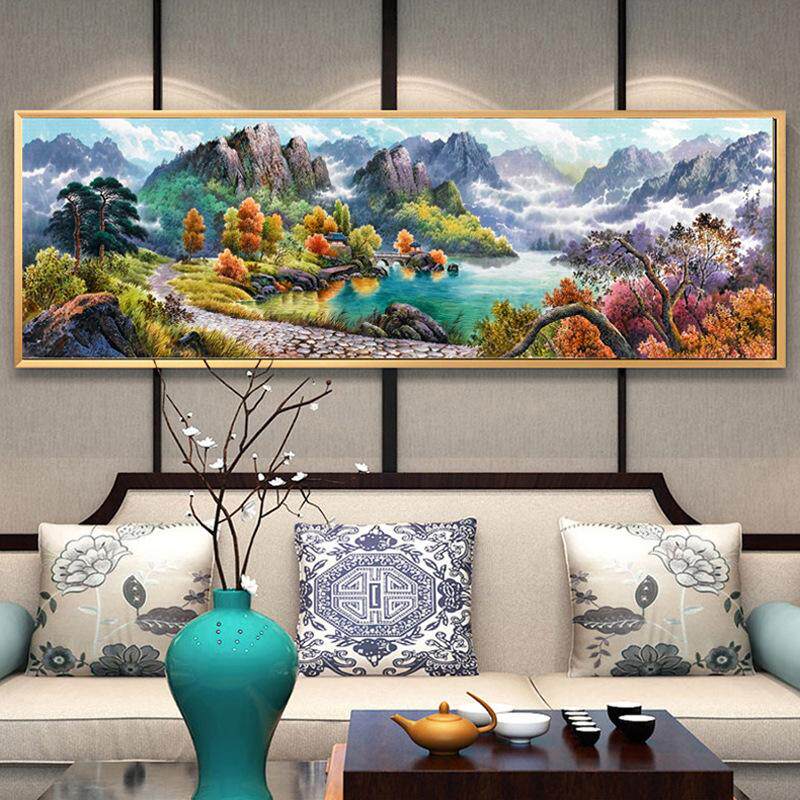 画客厅山水挂十字绣新款沙发装饰背景墙壁画风景招财大幅办公室盆
