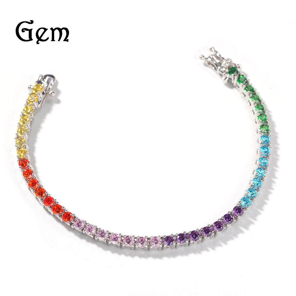 手链锆石水晶彩色嘻哈网球满钻极细彩虹手串石女925风手镯纯银镶