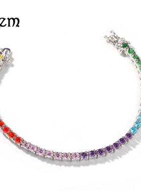 手链锆石水晶彩色嘻哈网球满钻极细彩虹手串石女925风手镯纯银镶