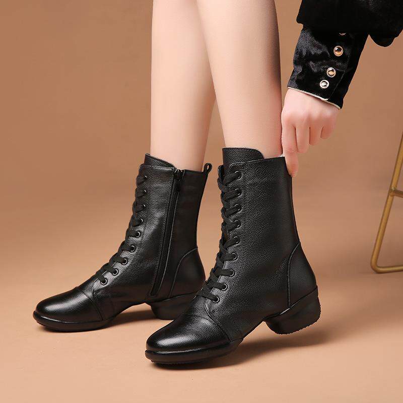 舞蹈软底广场鞋水兵跳舞靴女真皮舞鞋舞新款爵士靴子中跟冬季秋冬