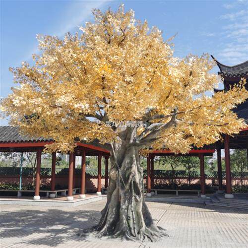 仿真榕树金色许愿树定小榕树叶室内包柱大树假树景观树制金叶榕