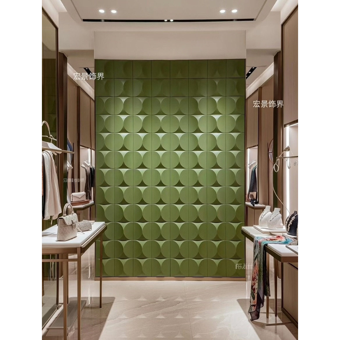 橱窗背景 绿色色家居  极简风一体精雕皮雕木雕装饰 定制背景墙