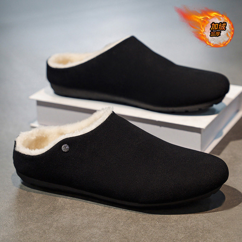 冬季男鞋加绒包头拖鞋子男复古防滑耐磨加厚保暖棉鞋一脚蹬半拖鞋