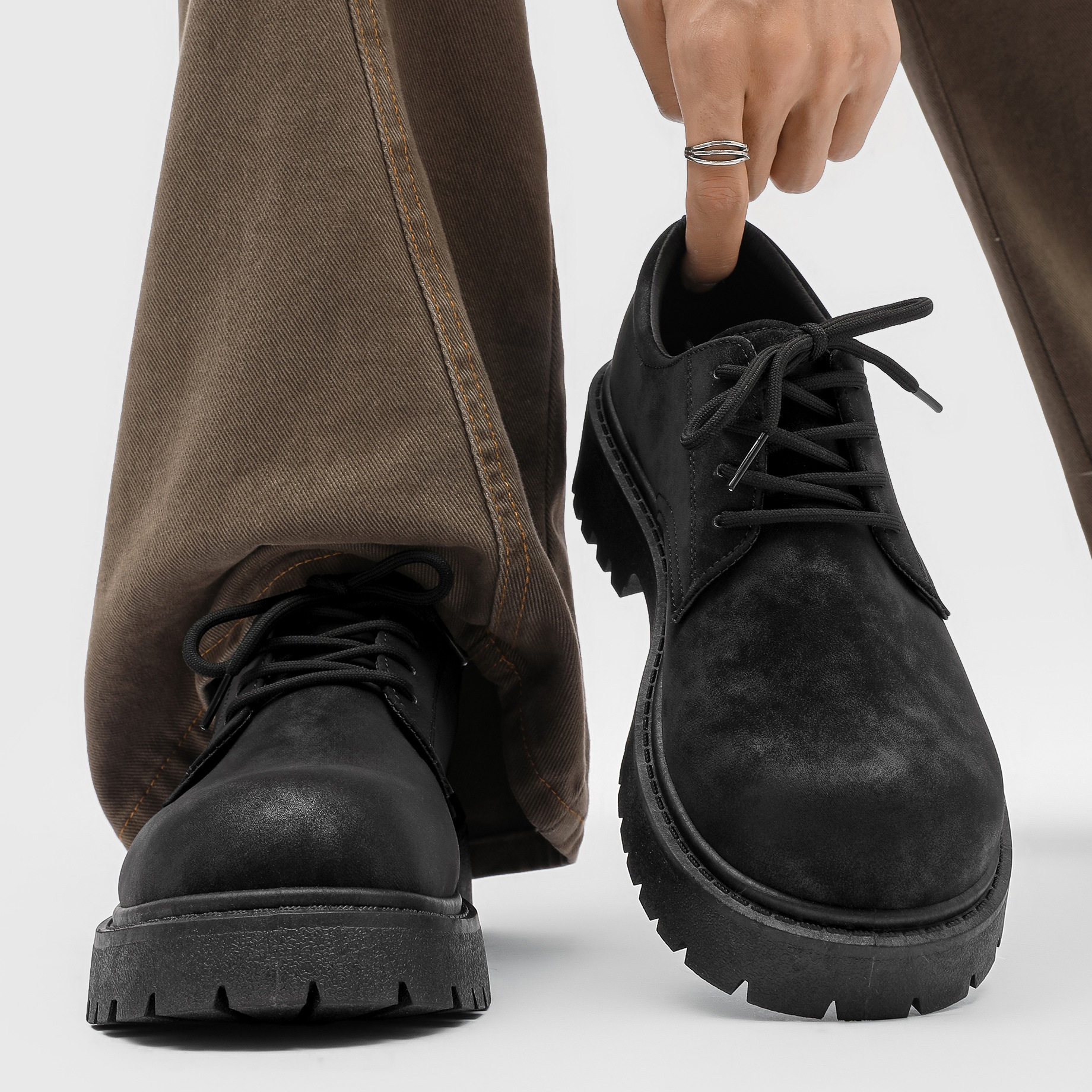 德比鞋2025新款冬季低帮马丁靴男复古工装鞋厚底增高透气翻毛皮鞋