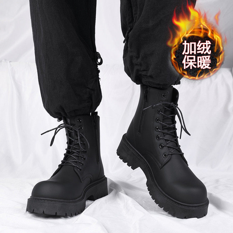 马丁靴男新款冬季黑色英伦风机车拉链工装靴高帮加绒保暖休闲皮靴