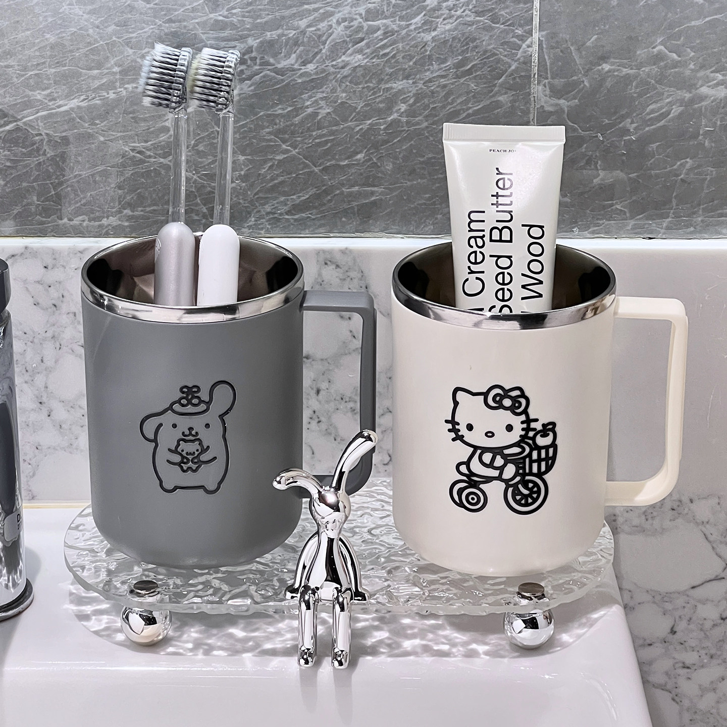 304不锈钢洗漱口杯防霉刷牙水杯子带手柄一家三口简约可爱情侣杯